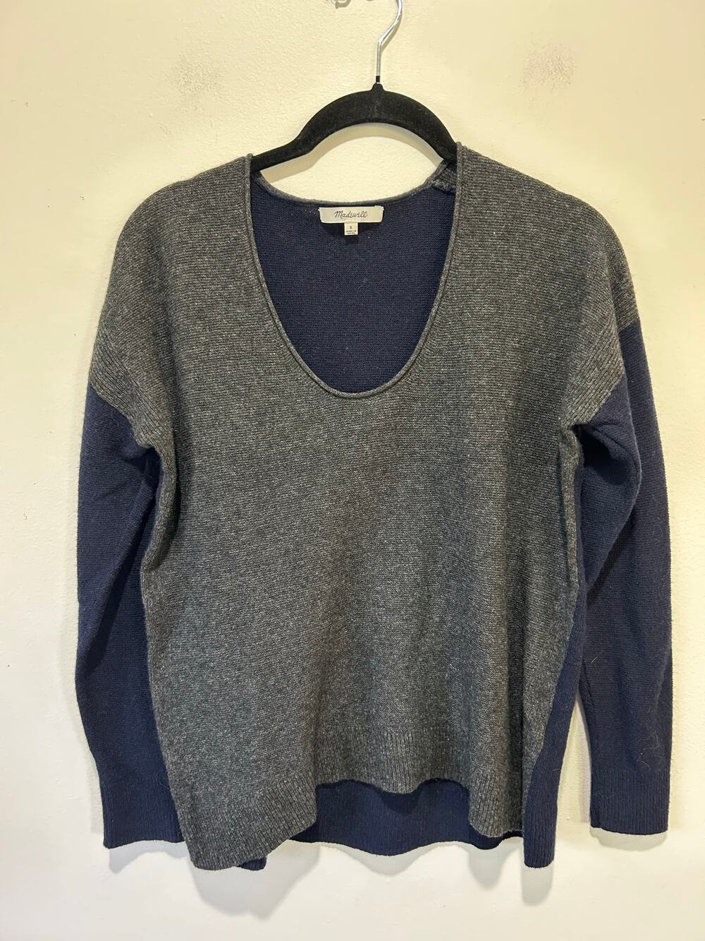 Madewell two tone knit sweater size S blue grey v neck merino wool blend - Picture 1 of 7